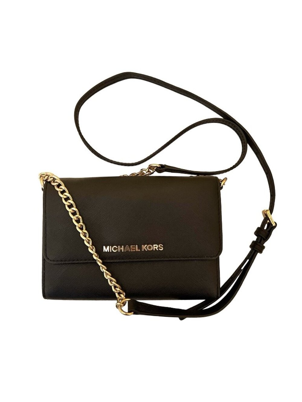 Michael Kors Daniela Large Crossbody Bag Black Saffiano Leather Gold Chain